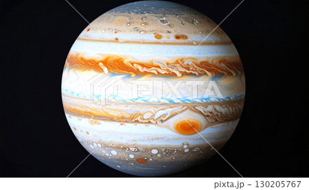 Hyper-realistic close-up of Jupiter with swirling gaseous bands in vivid orange, white, and blue tones, featuring the iconic Great Red Spot, capturing the planet majestic cosmic beauty Hyper-realistic close-up of Jupiter with swirling gaseous bands in vivid orange, white, and blue tones, featuring the iconic Great Red Spot, capturing the planet majestic cosmic beauty 130205767
