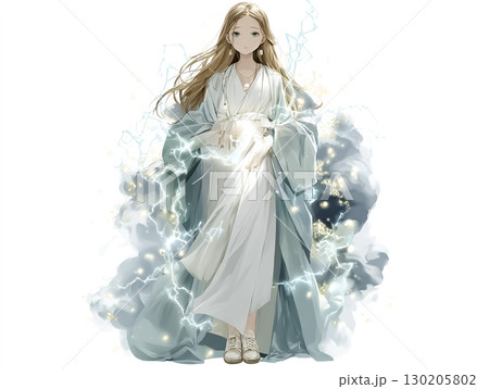 稲妻をまとった稲妻の妖精のイラスト素材　全身　正面　白バック 130205802