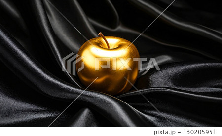 Golden apple with metallic sheen resting on black velvet, illuminated by dramatic spotlight, symbolizing wealth, luxury, exclusivity, and timeless elegance in a premium, artistic still life	 Golden apple with metallic sheen resting on black velvet, illuminated by dramatic spotlight, symbolizing wealth, luxury, exclusivity, and timeless elegance in a premium, artistic still life	 130205951
