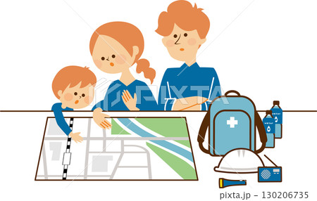 防災 防災用品を考える家族のイラスト 防災 防災用品を考える家族のイラスト 130206735