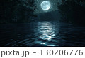 月光を浴びた神秘的な水の波紋背景 130206776