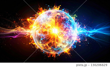 multicolored energy sphere exploding outward in...のイラスト素材 [130206829 ...