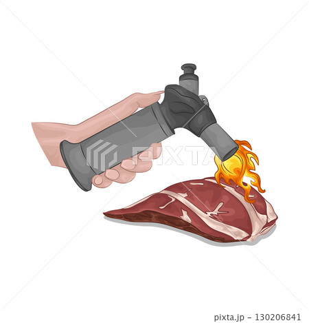Illustration of Grilling meat with a handheld gas lighter Illustration of Grilling meat with a handheld gas lighter 130206841