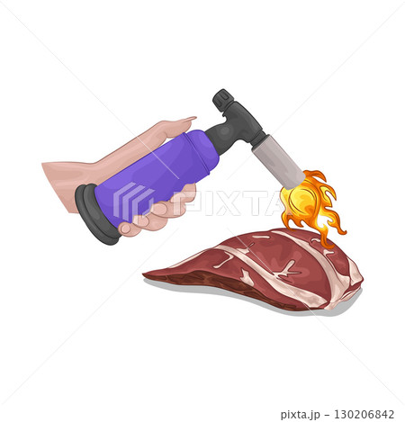 Illustration of Grilling meat with a handheld gas lighter 130206842