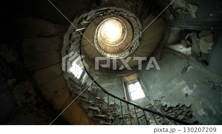 Crumbling spiral staircase interior with decaying walls and natural light, abandoned atmosphere 130207209