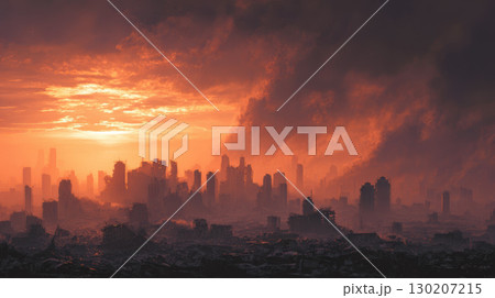 Destroyed city skyline sunset smoke dramatic apocalyptic urban ruins disaster Destroyed city skyline sunset smoke dramatic apocalyptic urban ruins disaster 130207215