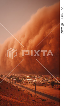 Dust storm desert town red sky dramatic weather danger engulfs buildings Dust storm desert town red sky dramatic weather danger engulfs buildings 130207216