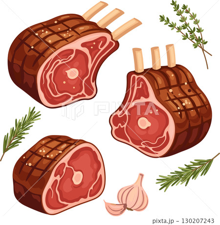 ハーブとニンニクを添えたリブロースステーキのグリルイラスト ハーブとニンニクを添えたリブロースステーキのグリルイラスト 130207243