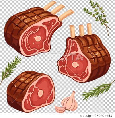 ハーブとニンニクを添えたリブロースステーキのグリルイラスト ハーブとニンニクを添えたリブロースステーキのグリルイラスト 130207243