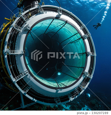 深海に潜む巨大な水中研究施設とダイバー 130207289