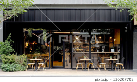 Stylish Exterior facade of cafe shop and restaurant design Front elevation Black corrugated material wall mixed with wood furniture and garden view at front 130207705