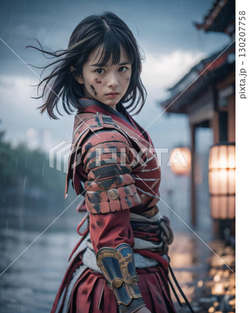 雨の降る戦国時代の戦場で鎧を着た戦闘中の若い女性武士	 130207758