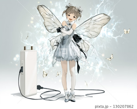 フル充電の妖精・テクノフェアリーのかわいいイラスト素材 130207862