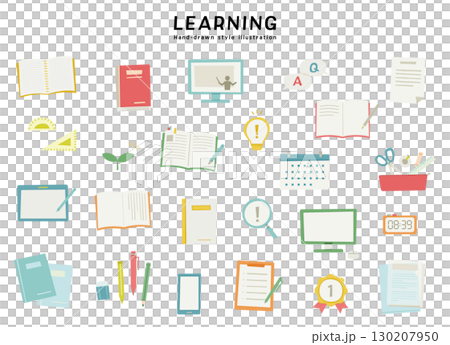 学習　教育　学び　学校　勉強　手描き風　イラスト　セット　学業　成長　ノート　タブレット　文房具 130207950