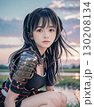 夕暮れの戦国時代の戦場で鎧を着た悲しげな顔の若い女性武士	 130208134