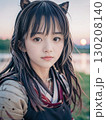 夕暮れの戦国時代の戦場で鎧を着た悲しげな顔の若い女性武士	 130208140