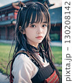 夕暮れの戦国時代の戦場で鎧を着た悲しげな顔の若い女性武士	 130208142