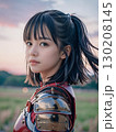戦国時代の戦場で空を見上げる鎧を着た悲しげな顔の若い女性武士	 130208145
