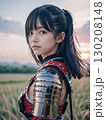 夕暮れの戦国時代の戦場で鎧を着た悲しげな顔の若い女性武士	 130208148