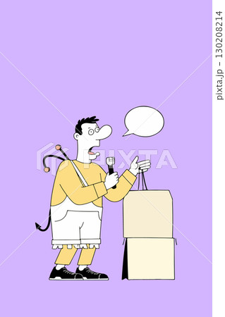 Cartoon Devil with Shopping Bags and Microphone Cartoon Devil with Shopping Bags and Microphone 130208214
