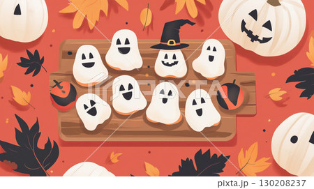 かわいいオバケクッキーと秋の落ち葉｜ハロウィンお菓子イラスト素材｜パーティー・ポスター・ブログ 130208237
