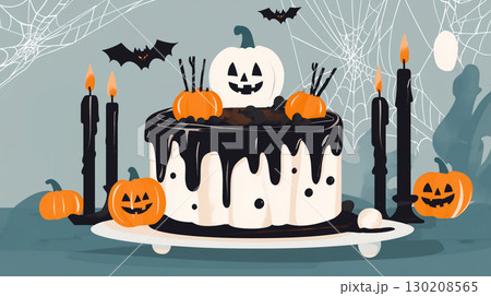 ハロウィンケーキとジャックオランタンのイラスト|おしゃれで可愛い秋の装飾素材 ハロウィンケーキとジャックオランタンのイラスト|おしゃれで可愛い秋の装飾素材 130208565