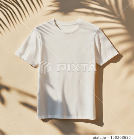White t-shirt mockup on pastel beige background with palm shadows. Flat lay, top view. 130208650