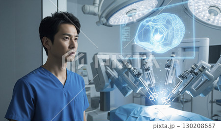 ロボットアームが遠隔操作されて手術している様子を見学する医師 130208687