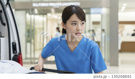 救急車からストレッチャーに乗せた患者を運ぶ 130208691