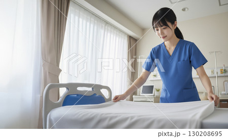 病室のベットメイキングをする看護師 病室のベットメイキングをする看護師 130208695