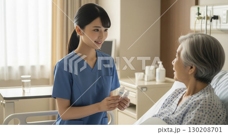 患者に服薬指導をする看護師 130208701