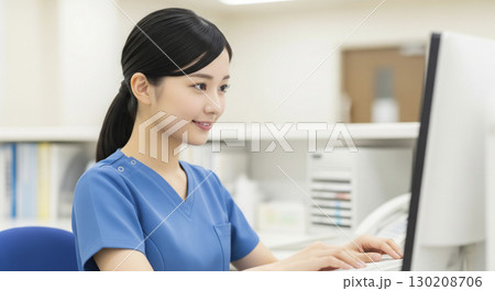 パソコンにカルテを記入する女性看護師 130208706