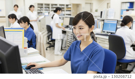 パソコンにカルテを記入する女性看護師 130208712