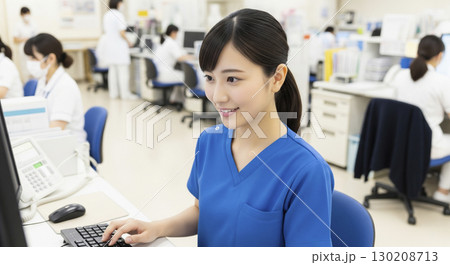 パソコンにカルテを記入する女性看護師 パソコンにカルテを記入する女性看護師 130208713