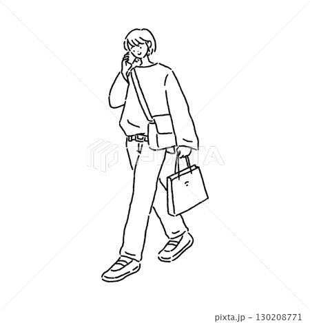 歩きながらスマホする女性 線画 歩きながらスマホする女性 線画 130208771