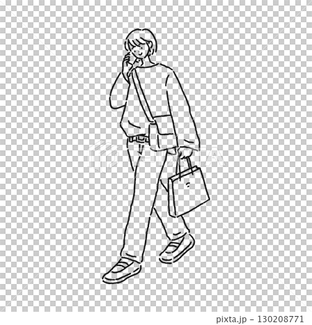 歩きながらスマホする女性 線画 歩きながらスマホする女性 線画 130208771