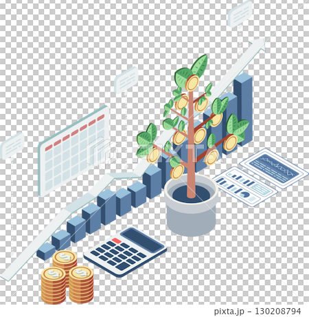Isometric Money Tree Growth with Long Term Investment Chart 130208794