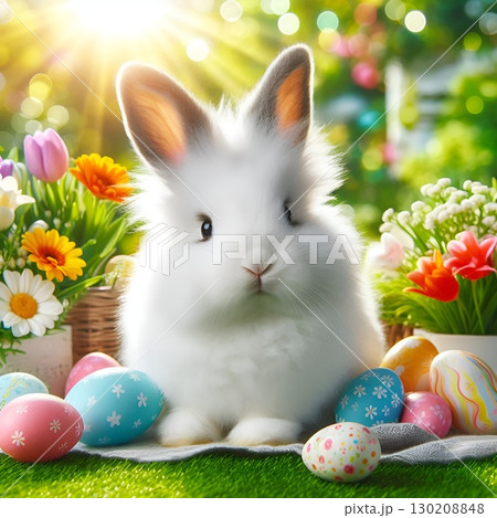 Fluffy white rabbit sits on vibrant green grass, surrounded by colorful Easter eggs 130208848