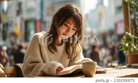 渋谷のテラスカフェで秋に本を読む女性 渋谷のテラスカフェで秋に本を読む女性 130208873