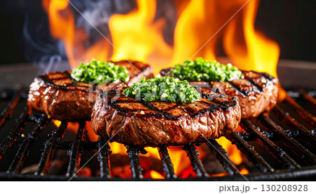 a perfectly grilled steak topped with vibrant chimichurri sauce, showcasing juicy texture, charred grill marks, and rich flavors in a mouthwatering gourmet presentation 130208928