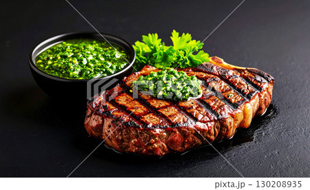 a perfectly grilled steak topped with vibrant chimichurri sauce, showcasing juicy texture, charred grill marks, and rich flavors in a mouthwatering gourmet presentation a perfectly grilled steak topped with vibrant chimichurri sauce, showcasing juicy texture, charred grill marks, and rich flavors in a mouthwatering gourmet presentation 130208935