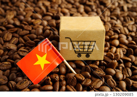 Vietnam flag with shopping cart box on coffee beans, shopping online for imxport xmport. Vietnam flag with shopping cart box on coffee beans, shopping online for imxport xmport. 130209085