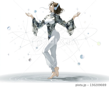 ラジオの音楽に耳を澄ます電波の妖精のイラスト素材　全身　白バック 130209089