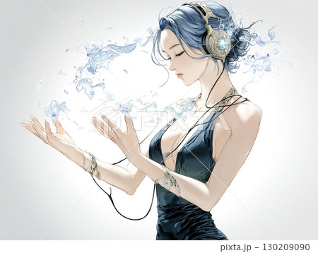 ラジオの音楽に耳を澄ます電波の妖精のイラスト素材　上半身　白バック 130209090