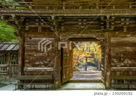 岐阜県美濃市　秋の大矢田神社の楼門からの紅葉の鳥居の眺め 130209192