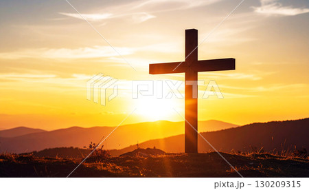 Silhouette of a wooden cross on a hilltop with golden sunset and glowing rays, symbolizing faith, hope, sacrifice, and spiritual peace in a dramatic natural landscape, cross on sunset Silhouette of a wooden cross on a hilltop with golden sunset and glowing rays, symbolizing faith, hope, sacrifice, and spiritual peace in a dramatic natural landscape, cross on sunset 130209315