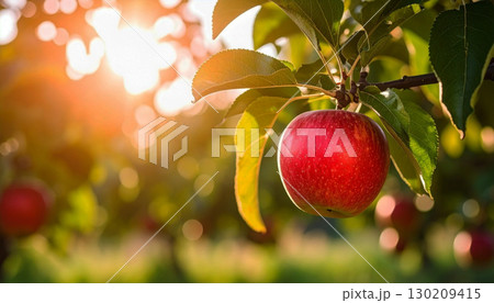 apples on a tree, Ripe red apple hanging on a green tree branch under warm golden sunlight, with blurred orchard background creating a fresh and natural atmosphere 130209415