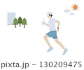 イヤフォンと水のボトルを持って朝ランニングする男性のイラスト 130209475