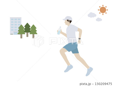 イヤフォンと水のボトルを持って朝ランニングする男性のイラスト 130209475