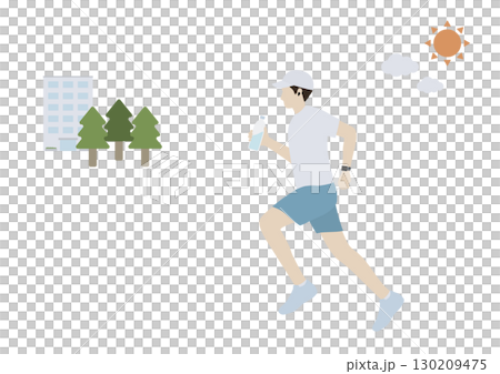 イヤフォンと水のボトルを持って朝ランニングする男性のイラスト 130209475